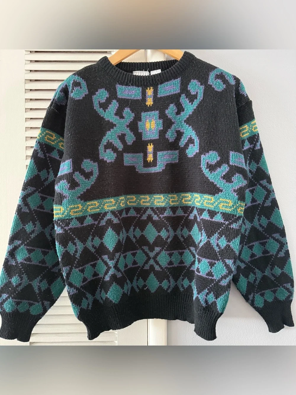 Vintage 80’s 90’s & Company Geometric Aztec Teal Black Knit Sweater Sz Small